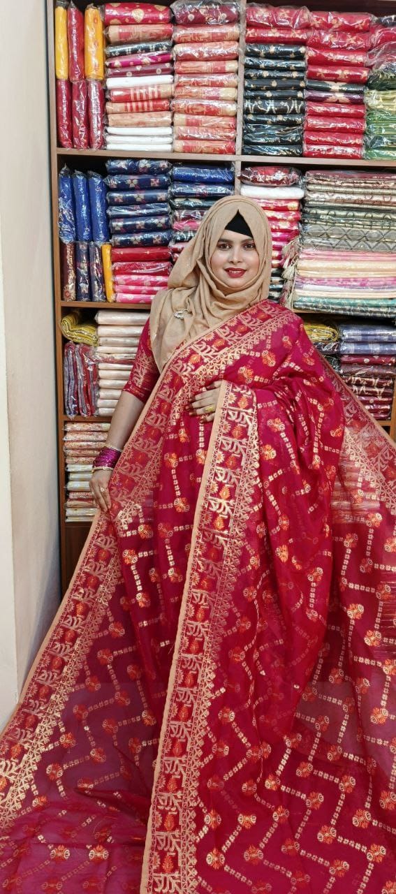 স্বর্ণ ছোঁয়া জামদানী শাড়ি - Red